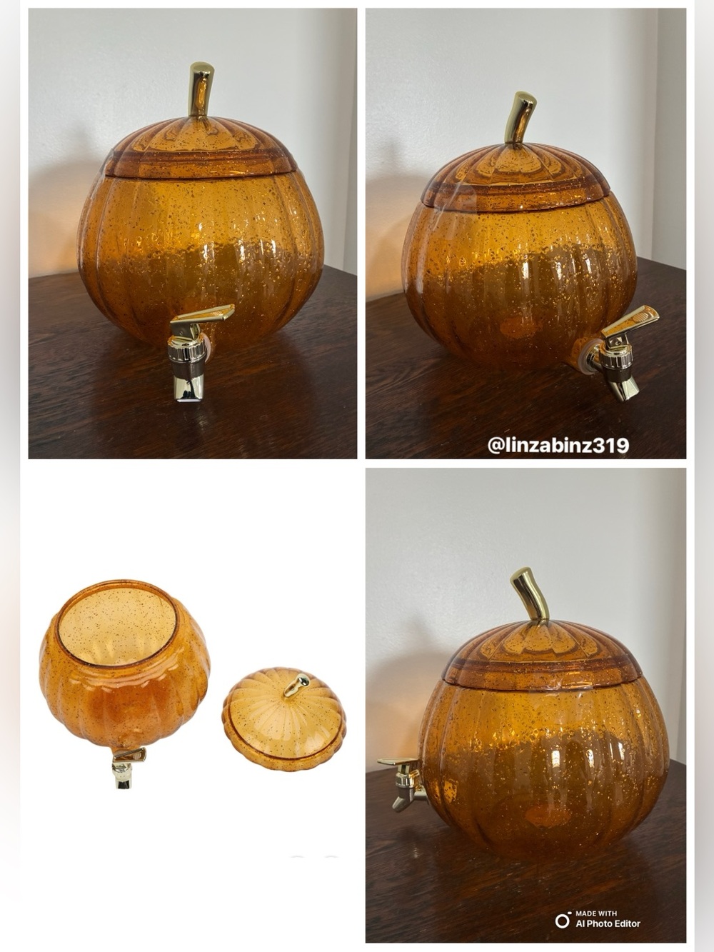 NWT- 1.5G Gold Glitter- BPA Free- Acrylic Pumpkin Drink Dispenser w/ Gold Spigot